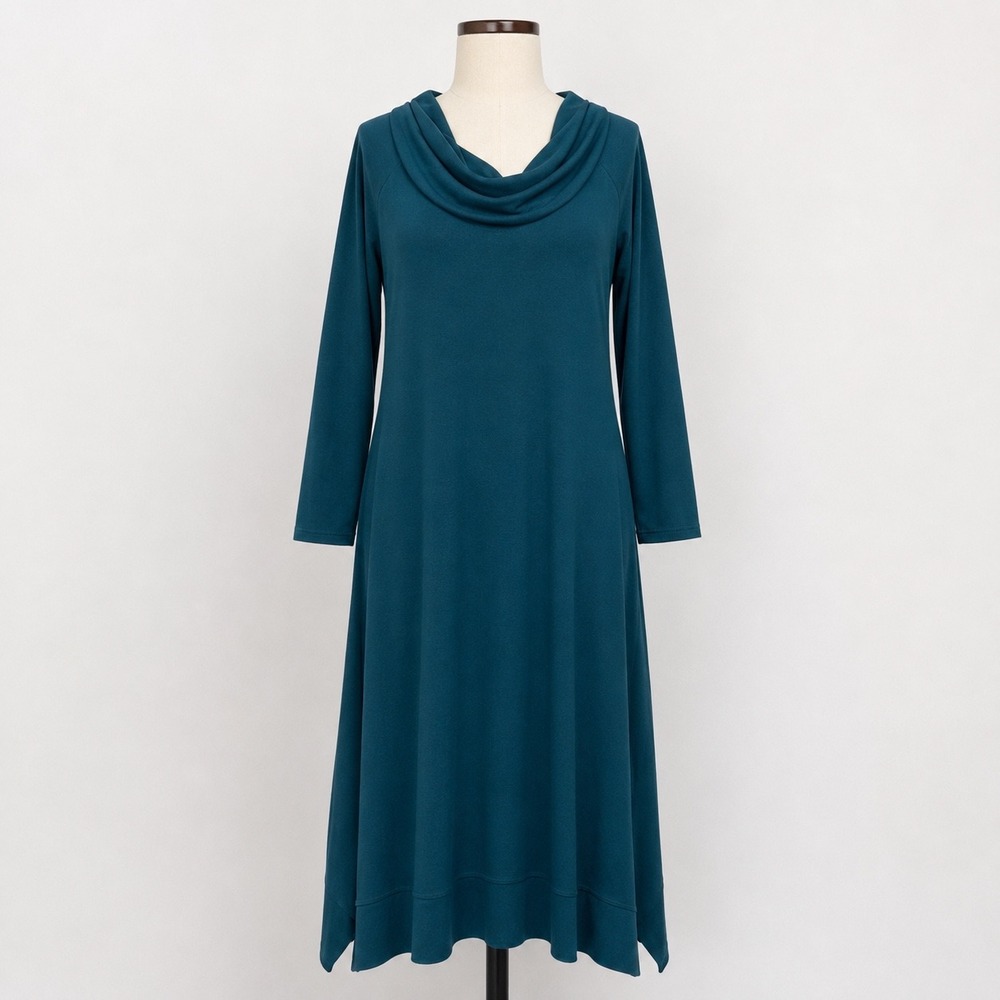 Soft Surroundings Teal Blue Cowl Neck Long Sleeve Midi Dress Pockets Petite S PS